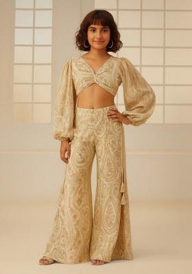 Girls Beige Embroidered Cotton Fusion Set