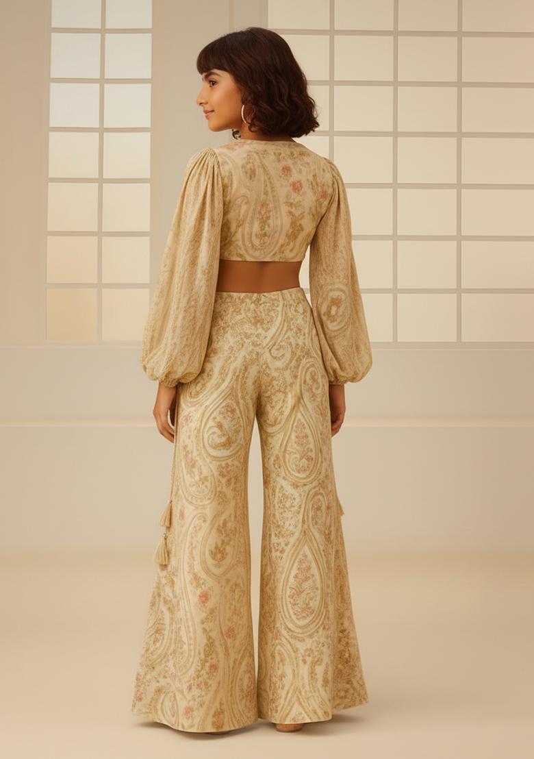 Girls Beige Embroidered Cotton Fusion Set - Indya