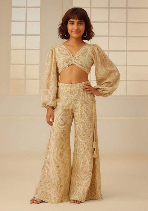 Girls Beige Embroidered Cotton Fusion Set