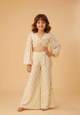 Girls Cream Embroidered Raw Silk Fusion Set