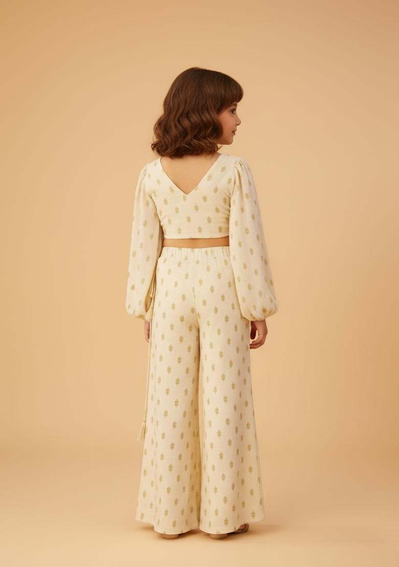 Girls Cream Embroidered Raw Silk Fusion Set - Indya