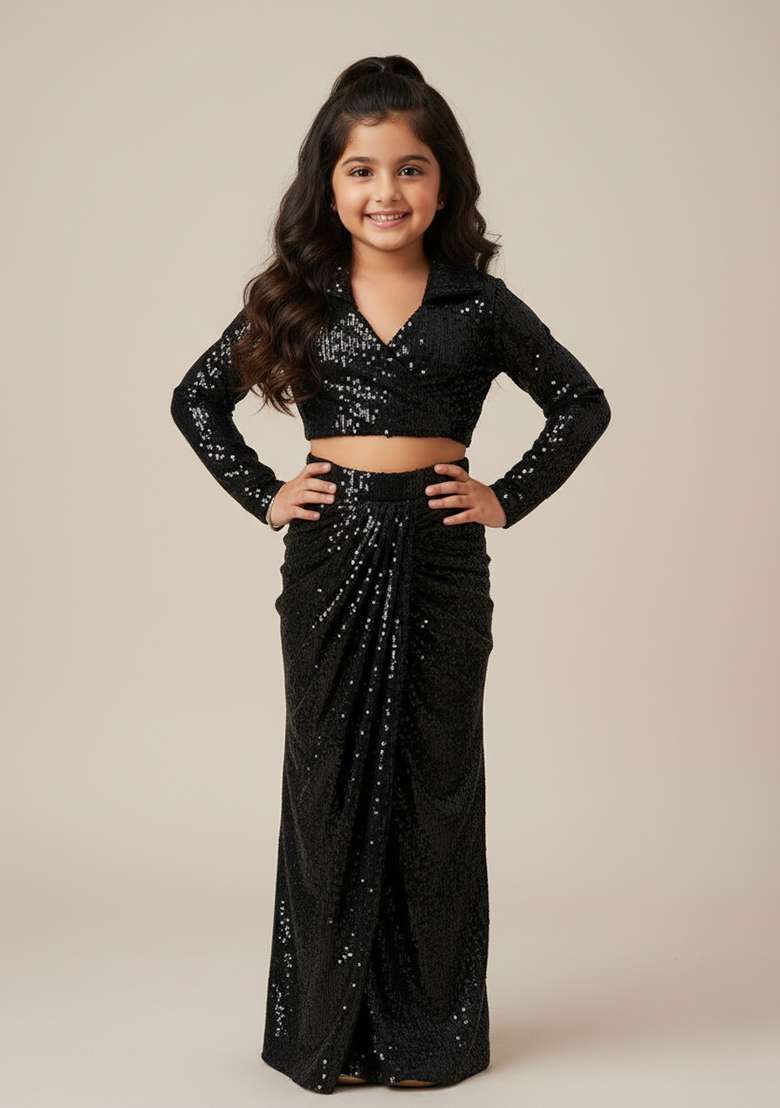 Girls Black Sequin Net Fusion Set - Indya