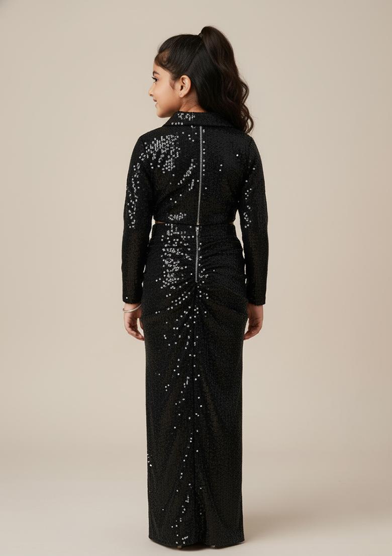 Girls Black Sequin Net Fusion Set - Indya