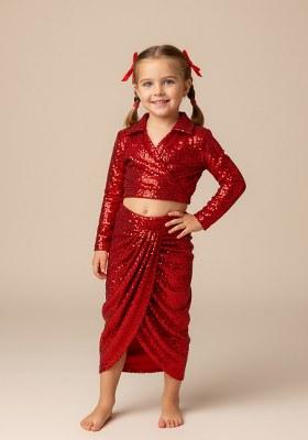 Girls Red Sequin Net Fusion Set