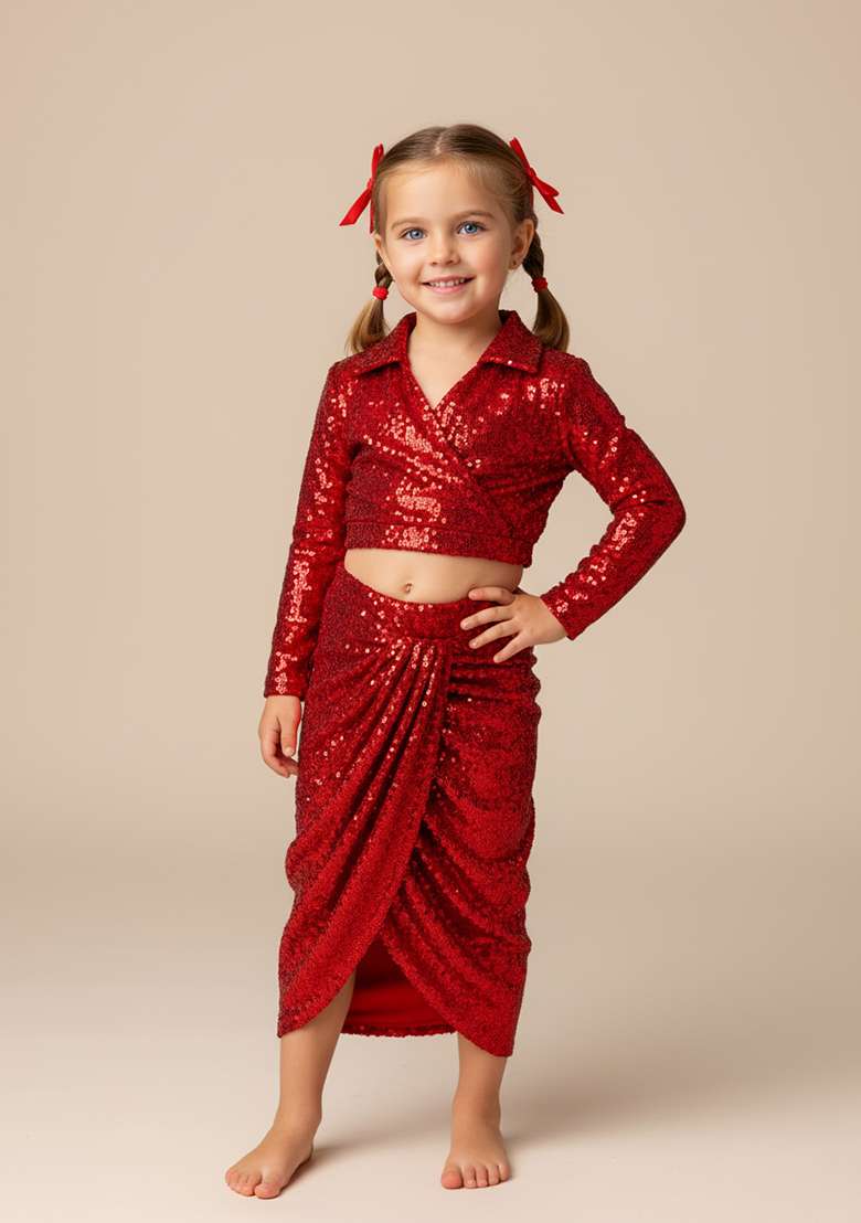 Girls Red Sequin Net Fusion Set - Indya