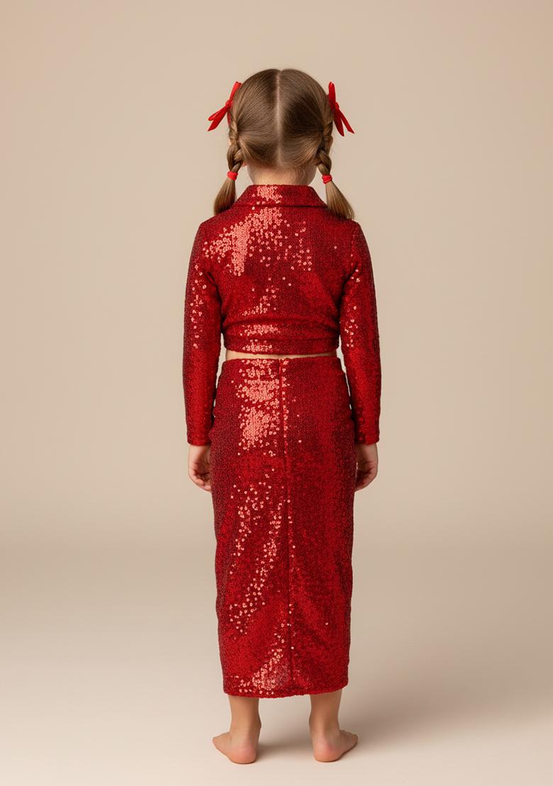 Girls Red Sequin Net Fusion Set - Indya
