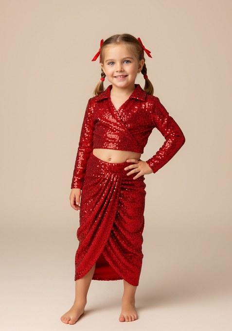 Girls Red Sequin Net Fusion Set
