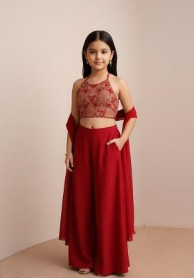 Girls Red Embroidered Georgette Fusion Set