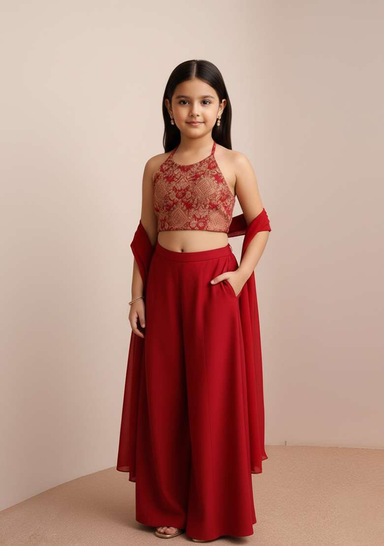 Girls Red Embroidered Georgette Fusion Set - Indya