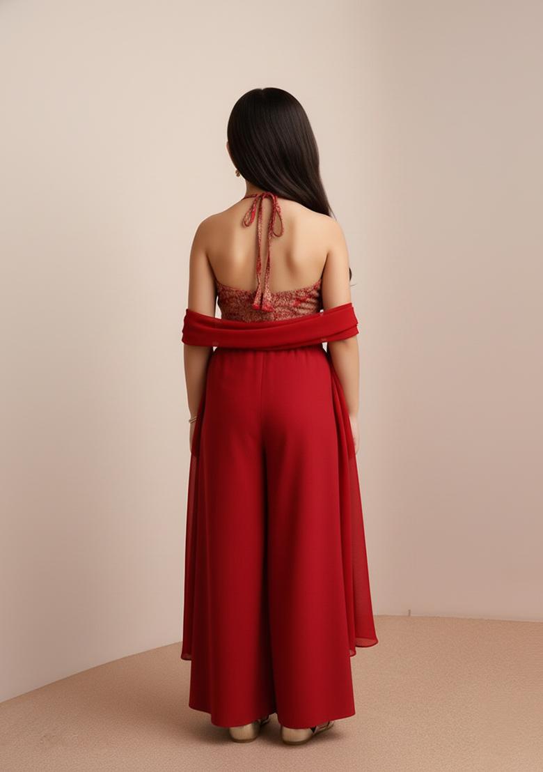 Girls Red Embroidered Georgette Fusion Set - Indya