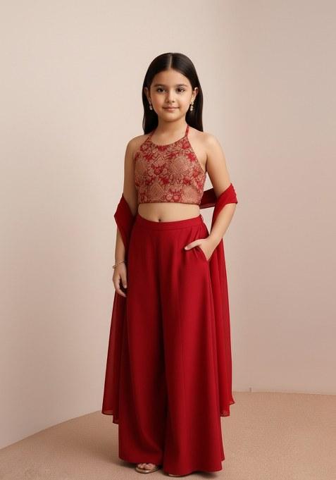 Girls Red Embroidered Georgette Fusion Set
