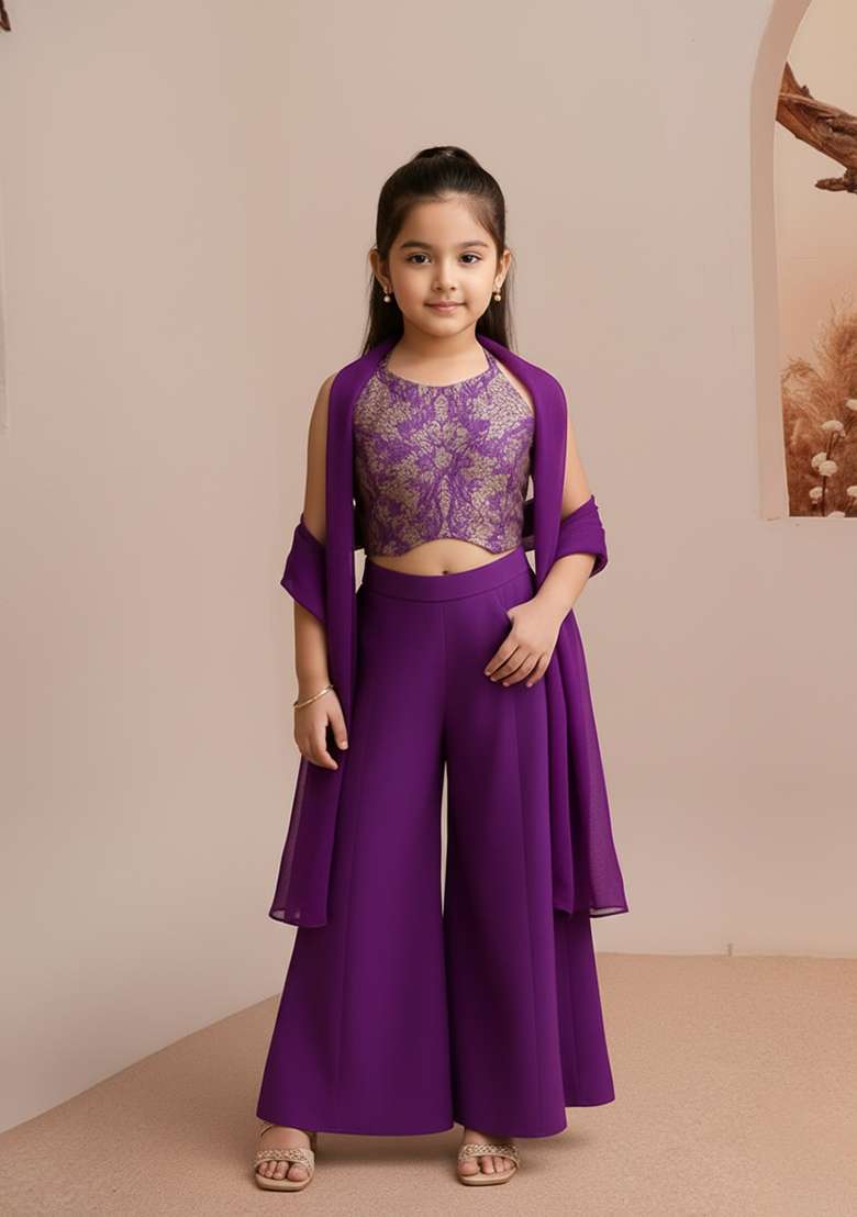 Girls Purple Embroidered Georgette Fusion Set - Indya