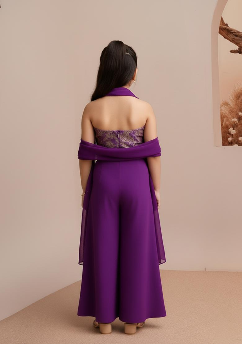 Girls Purple Embroidered Georgette Fusion Set - Indya