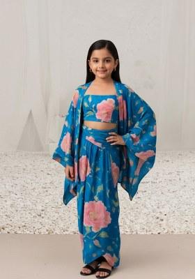 Girls Blue Floral Print Satin Fusion Set