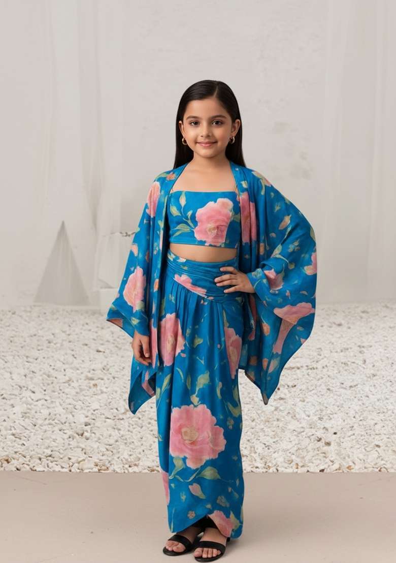 Girls Blue Floral Print Satin Fusion Set - Indya
