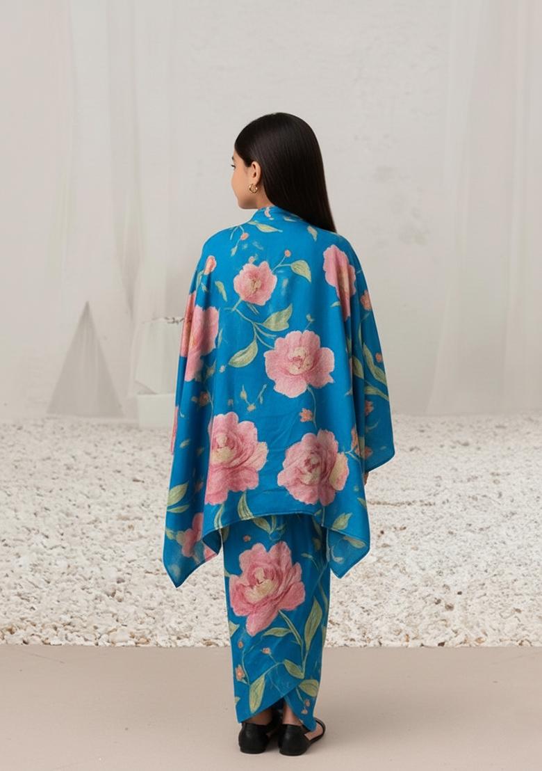 Girls Blue Floral Print Satin Fusion Set - Indya