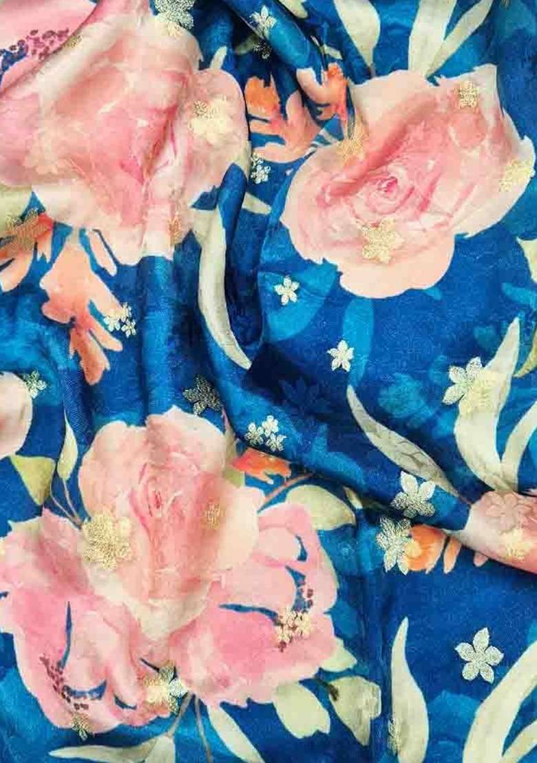 Girls Blue Floral Print Satin Fusion Set - Indya