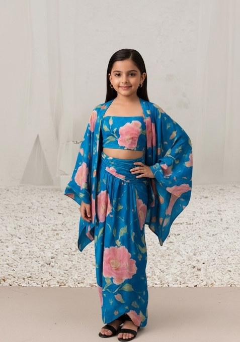 Girls Blue Floral Print Satin Fusion Set