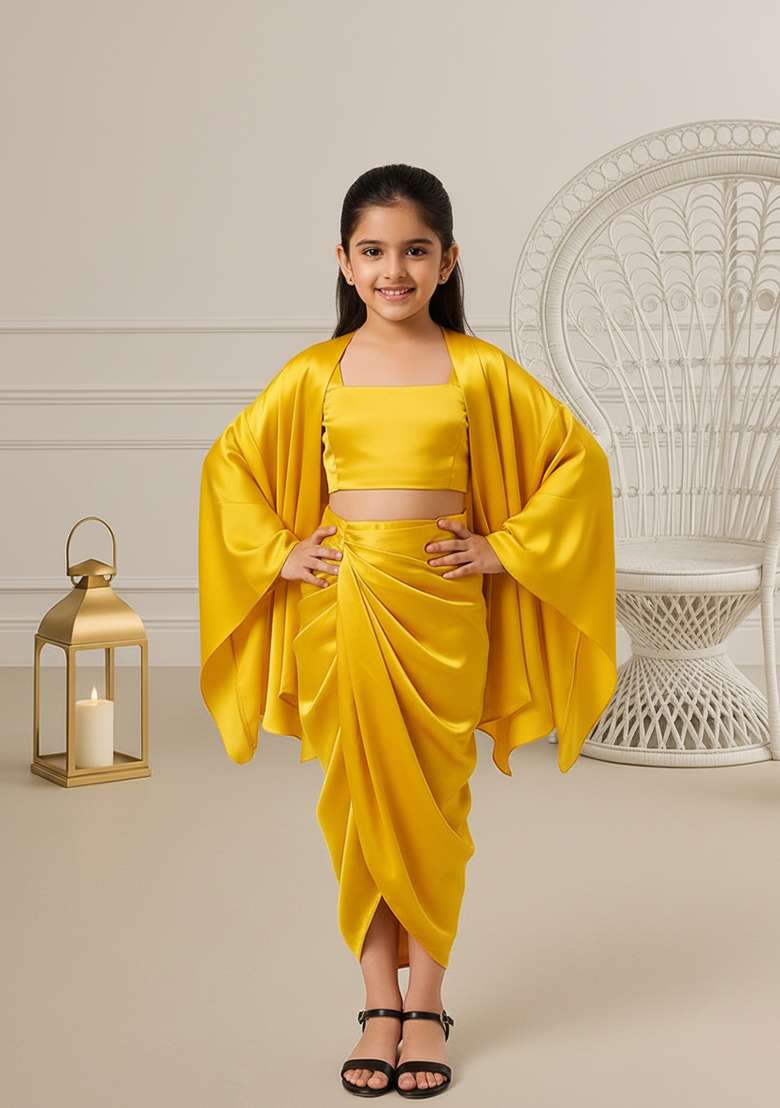 Girls Yellow Solid Tissue Fusion Set - Indya