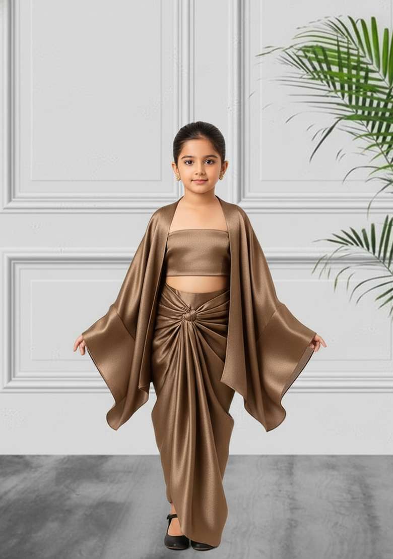 Girls Brown Solid Tissue Fusion Set - Indya