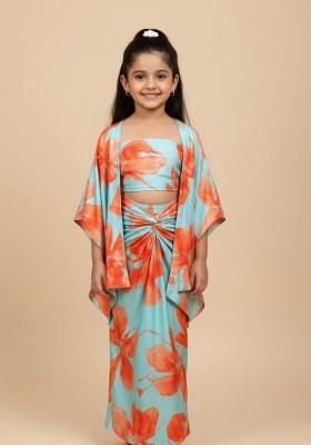 Girls Sky Blue Floral Print Silk Fusion Set
