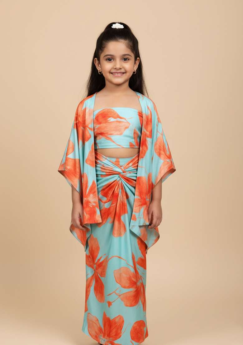 Girls Sky Blue Floral Print Silk Fusion Set - Indya