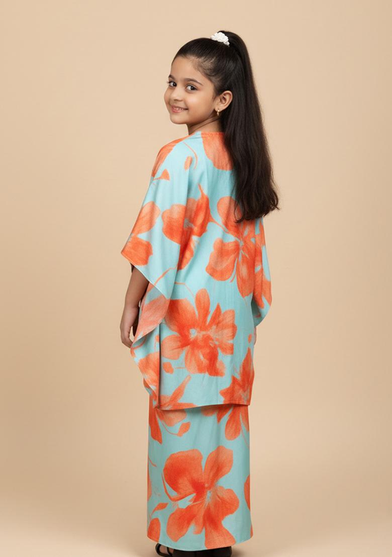Girls Sky Blue Floral Print Silk Fusion Set - Indya