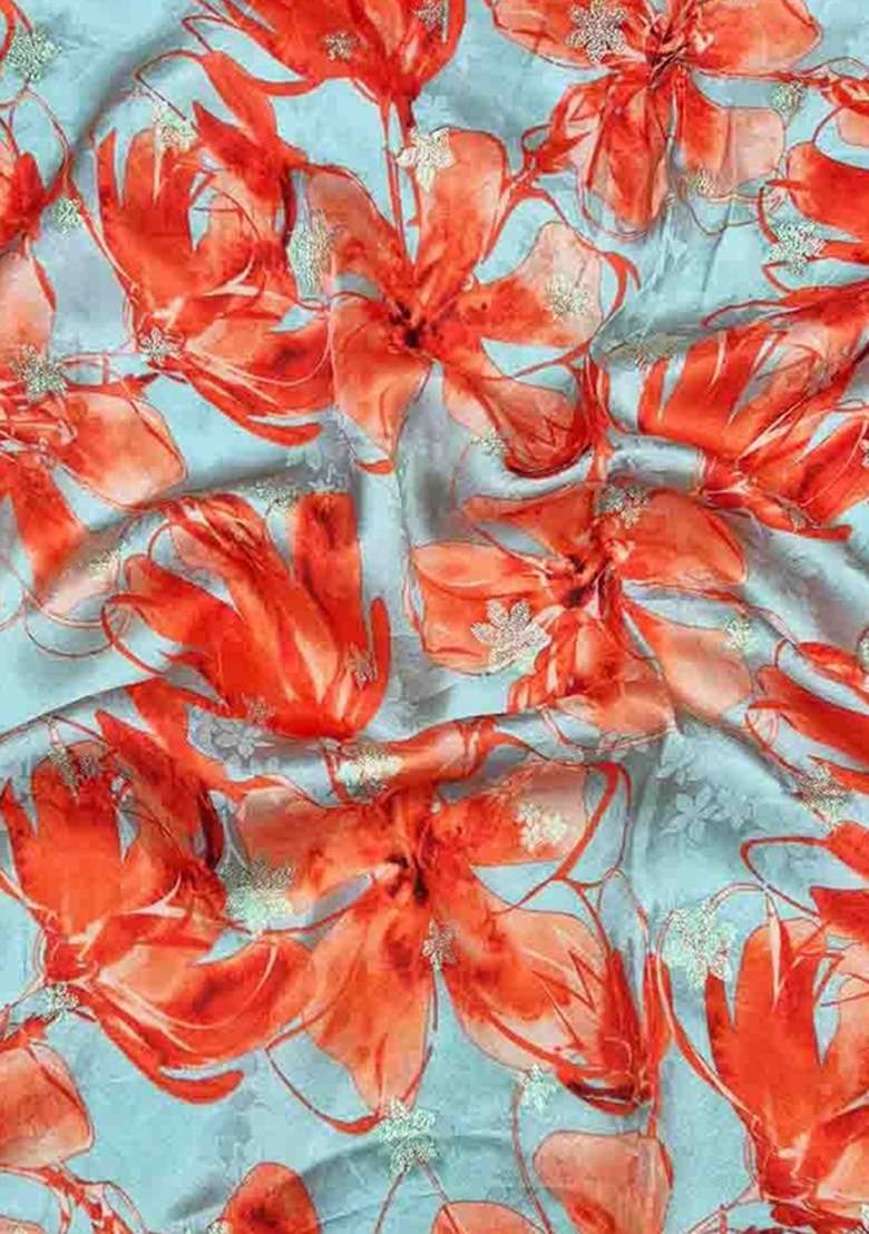 Girls Sky Blue Floral Print Silk Fusion Set - Indya