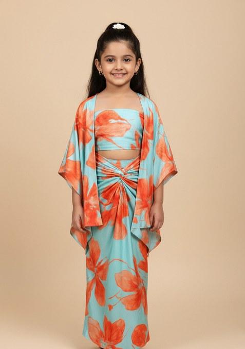 Girls Sky Blue Floral Print Silk Fusion Set