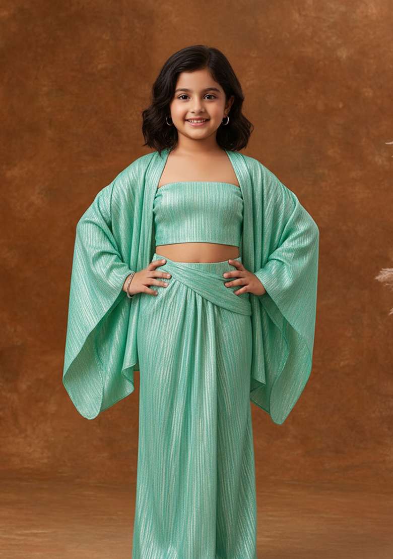 Girls Sea Green Solid Satin Fusion Set - Indya