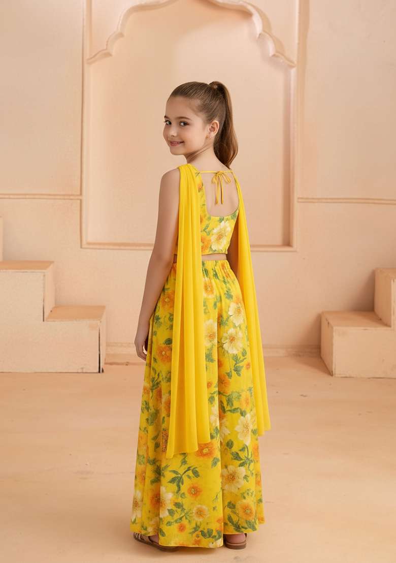 Girls Yellow Floral Print Georgette Fusion Set - Indya