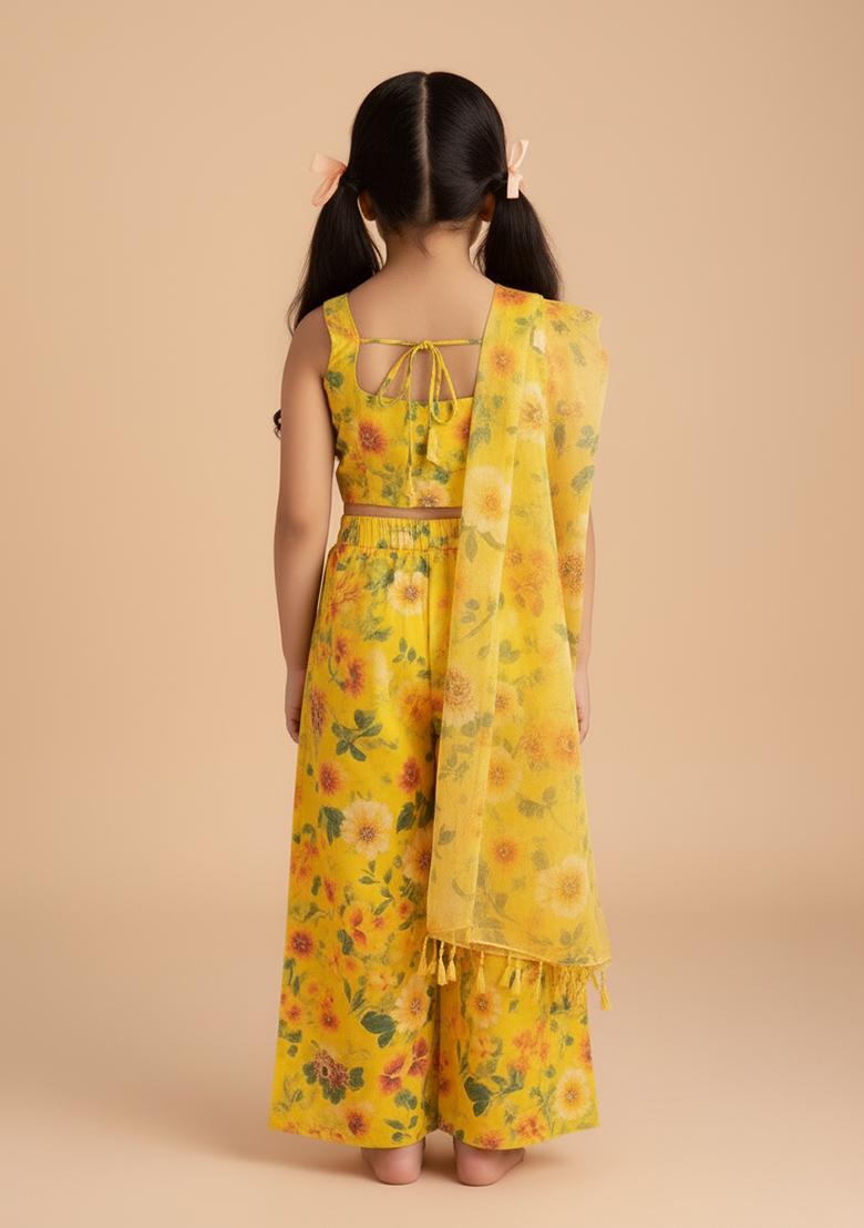 Girls Yellow Floral Print Georgette Fusion Set - Indya
