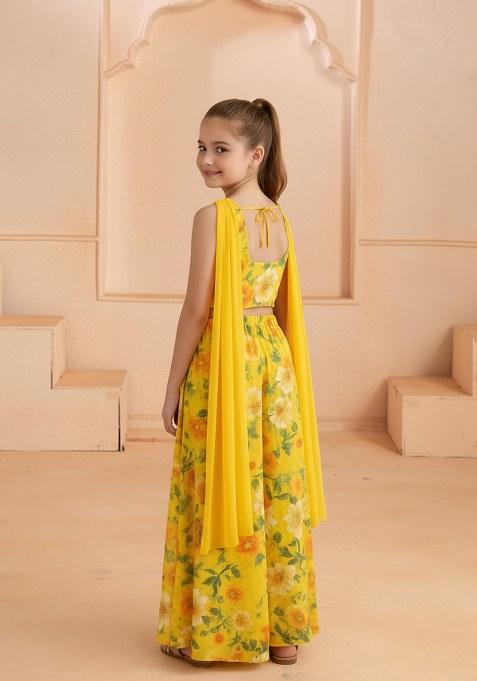 Girls Yellow Floral Print Georgette Fusion Set