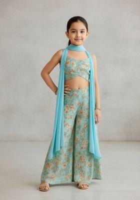 Girls Pastel Blue Floral Print Georgette Fusion Set