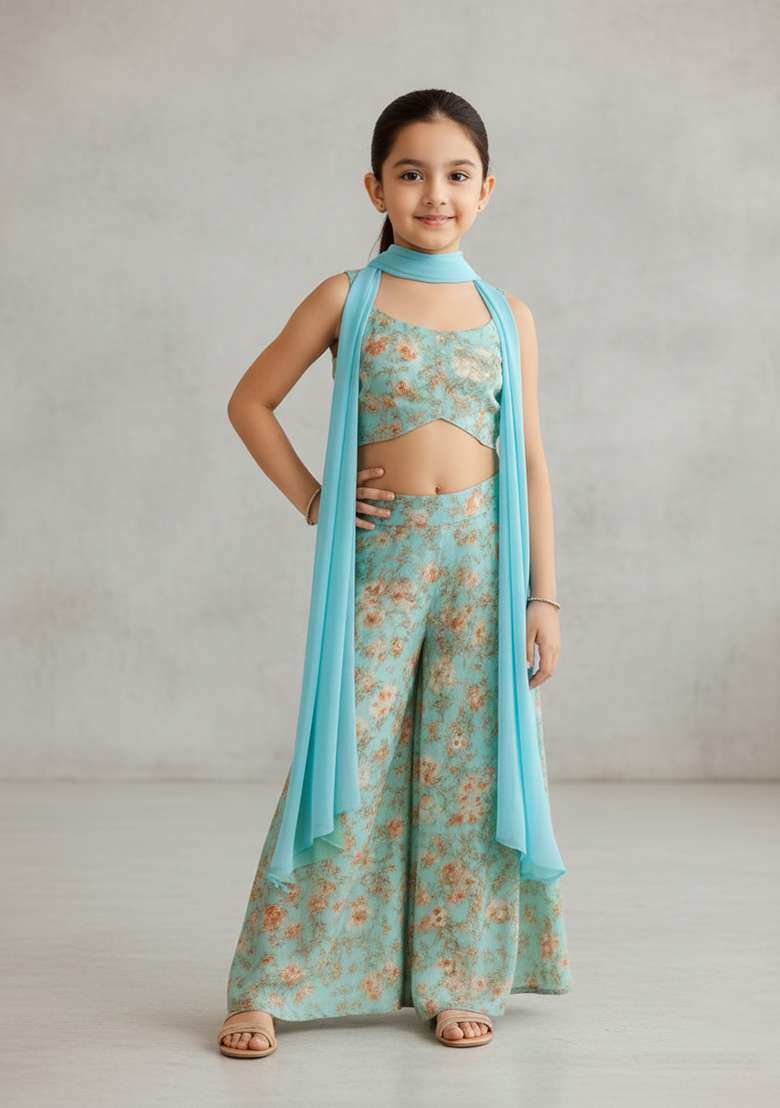 Girls Pastel Blue Floral Print Georgette Fusion Set - Indya