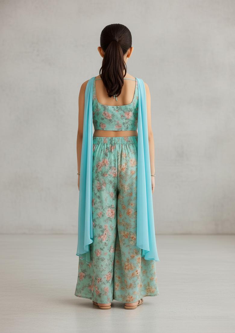 Girls Pastel Blue Floral Print Georgette Fusion Set - Indya