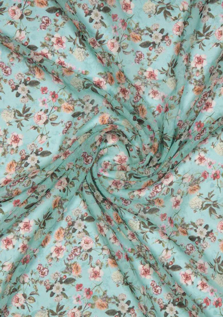 Girls Pastel Blue Floral Print Georgette Fusion Set - Indya