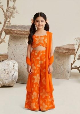 Girls Orange Floral Print Georgette Fusion Set