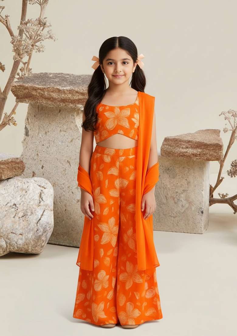 Girls Orange Floral Print Georgette Fusion Set - Indya
