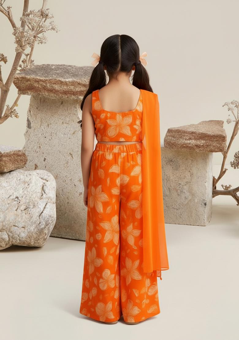 Girls Orange Floral Print Georgette Fusion Set - Indya