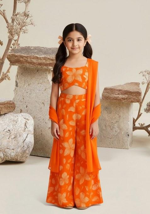 Girls Orange Floral Print Georgette Fusion Set
