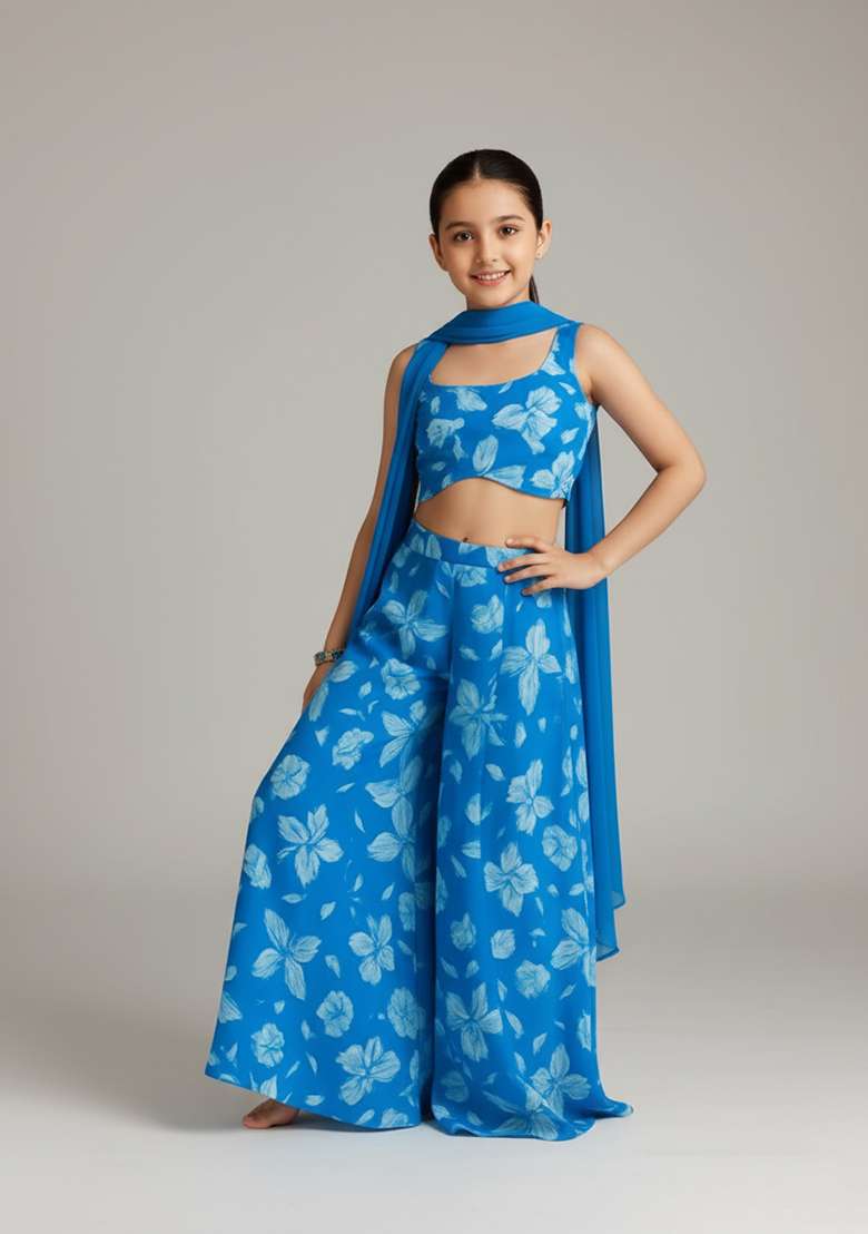 Girls Blue Floral Print Georgette Fusion Set - Indya