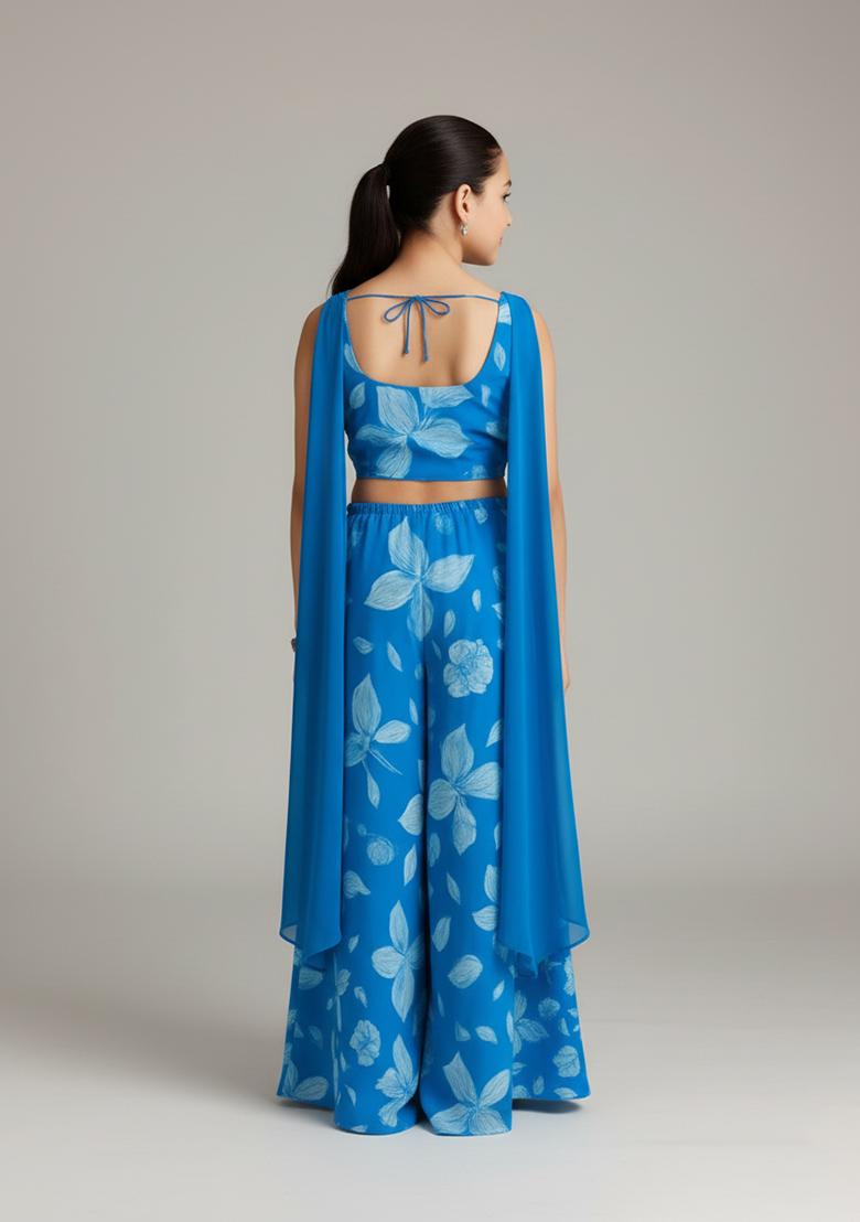 Girls Blue Floral Print Georgette Fusion Set - Indya