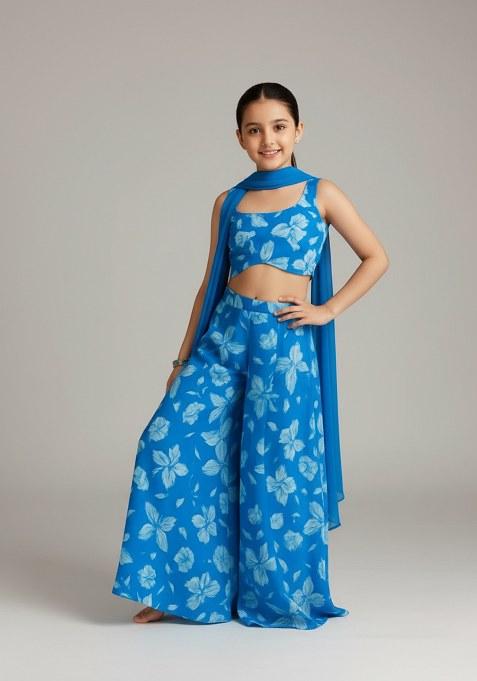Girls Blue Floral Print Georgette Fusion Set