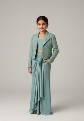 Girls Blue Embroidered Jacquard Fusion Set
