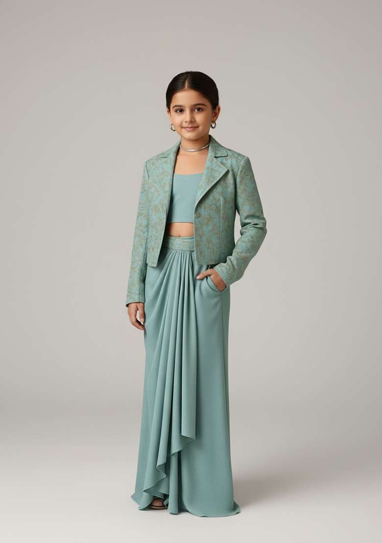 Girls Blue Embroidered Jacquard Fusion Set - Indya