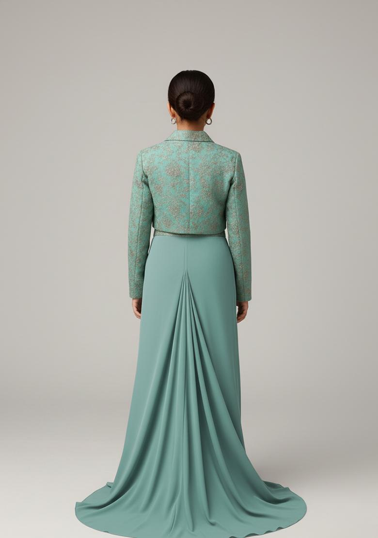 Girls Blue Embroidered Jacquard Fusion Set - Indya