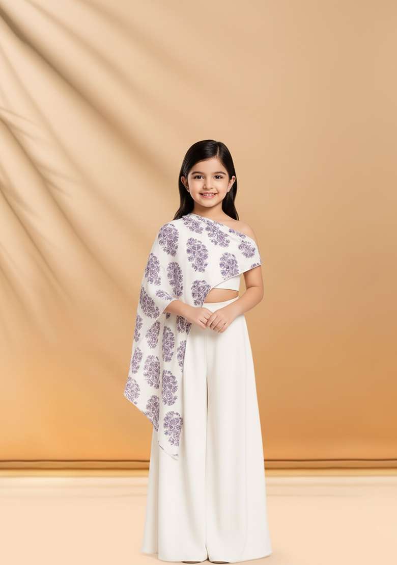 Girls White Floral Print Satin Fusion Set - Indya