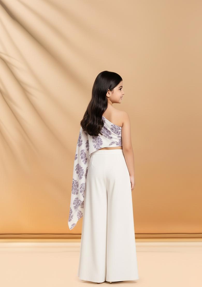 Girls White Floral Print Satin Fusion Set - Indya