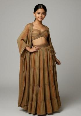 Girls Multicolor Textured Tissue Lehenga Set